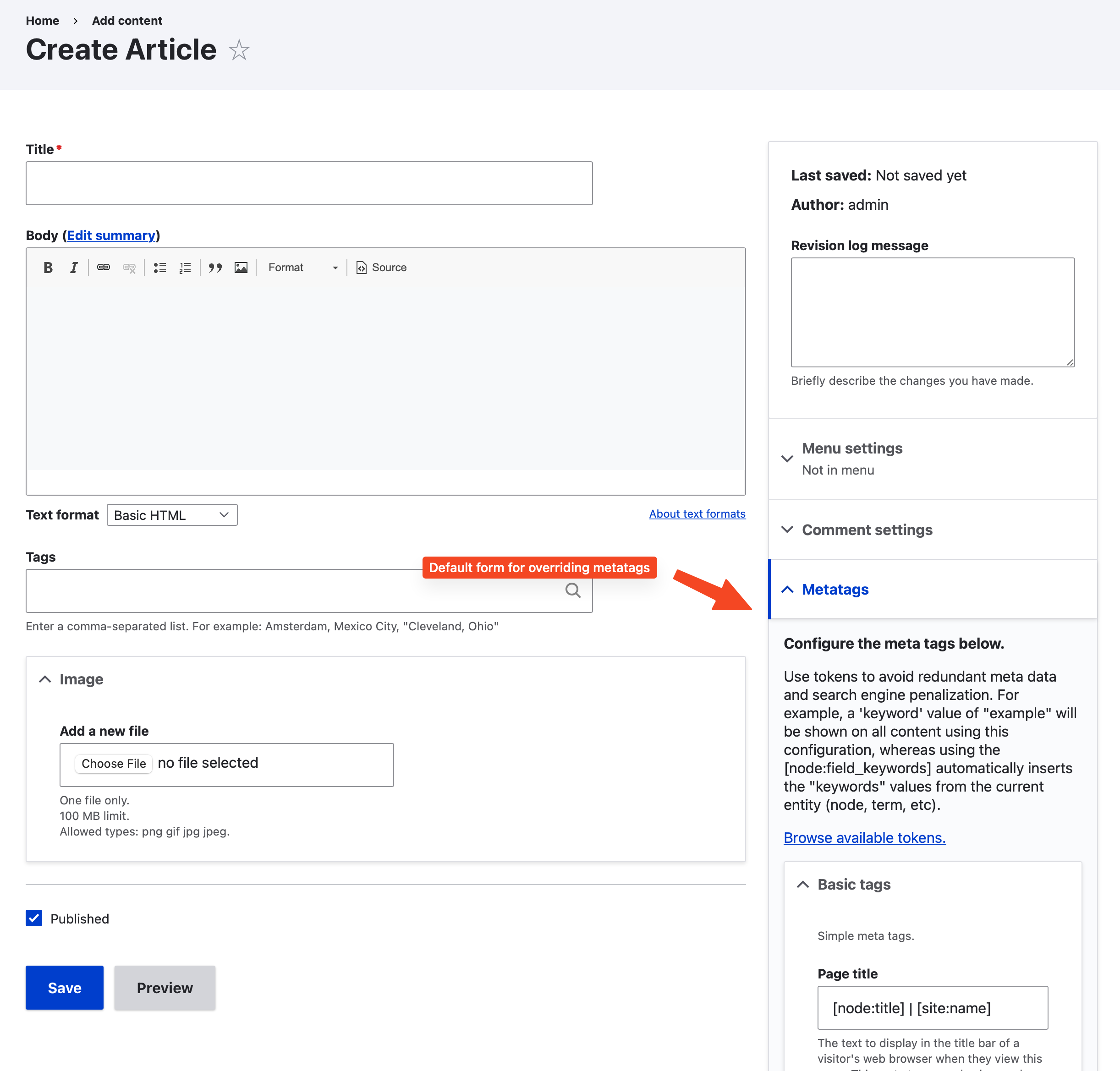 Metatags on article form
